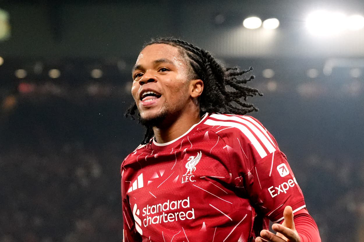 Liverpool's Rio Ngumoha celebrates after teammate Liverpool's Alexis Mac Allister scored