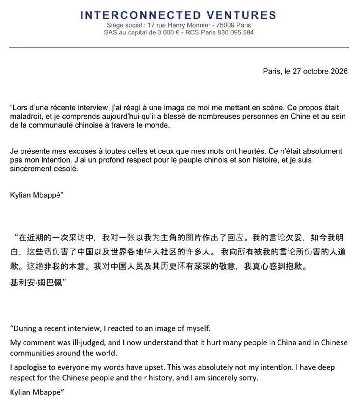 Kylian Mbappé bittet China um Entschuldigung.