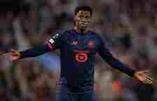 Jonathan David of Lille OSC during the UEFA Europa Conference League 2023/24 Quarter-final first leg match between Aston Villa and Lille OSC at Vil...