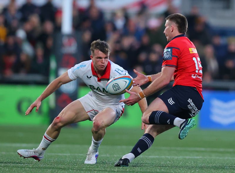 Ulster's Jamie Benson in action against Munster's Ben O’Connor during a URC game earlier this month. Photograph: Tom O’Hanlon/Inpho