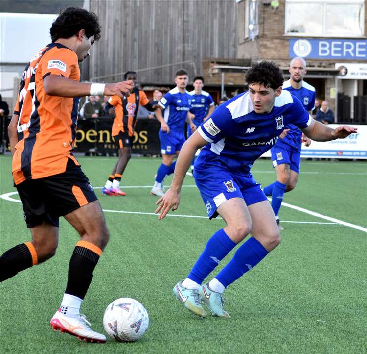 Luton Town loanee Zacharias Ioannides on Folkestone Invicta debut action in last weekend’s 2-1 National League South home success against AFC Totton. Picture: Randolph File