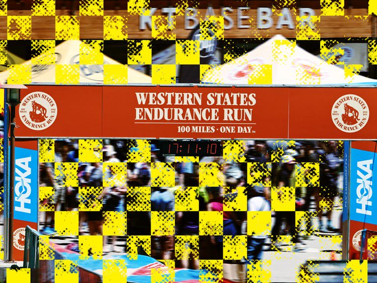 Finish line banner for the Western States Endurance Run featuring the time clock.