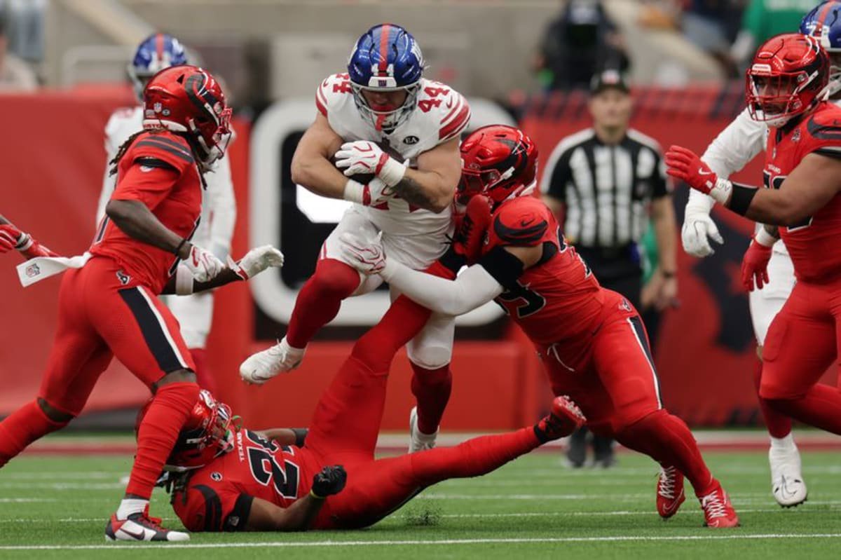 Cam Skattebo was flagged for powering through Texans safety M.J. Stewart