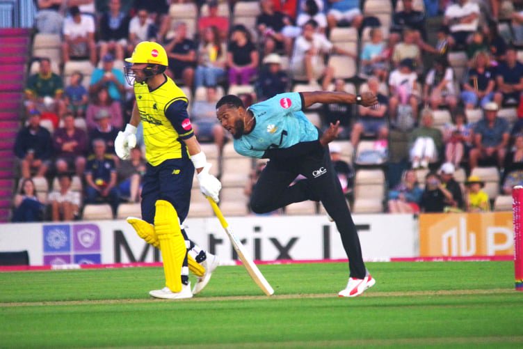 Surrey bowler Chris Jordan in action in the T20 Blast (Photo: Mark Sandom)