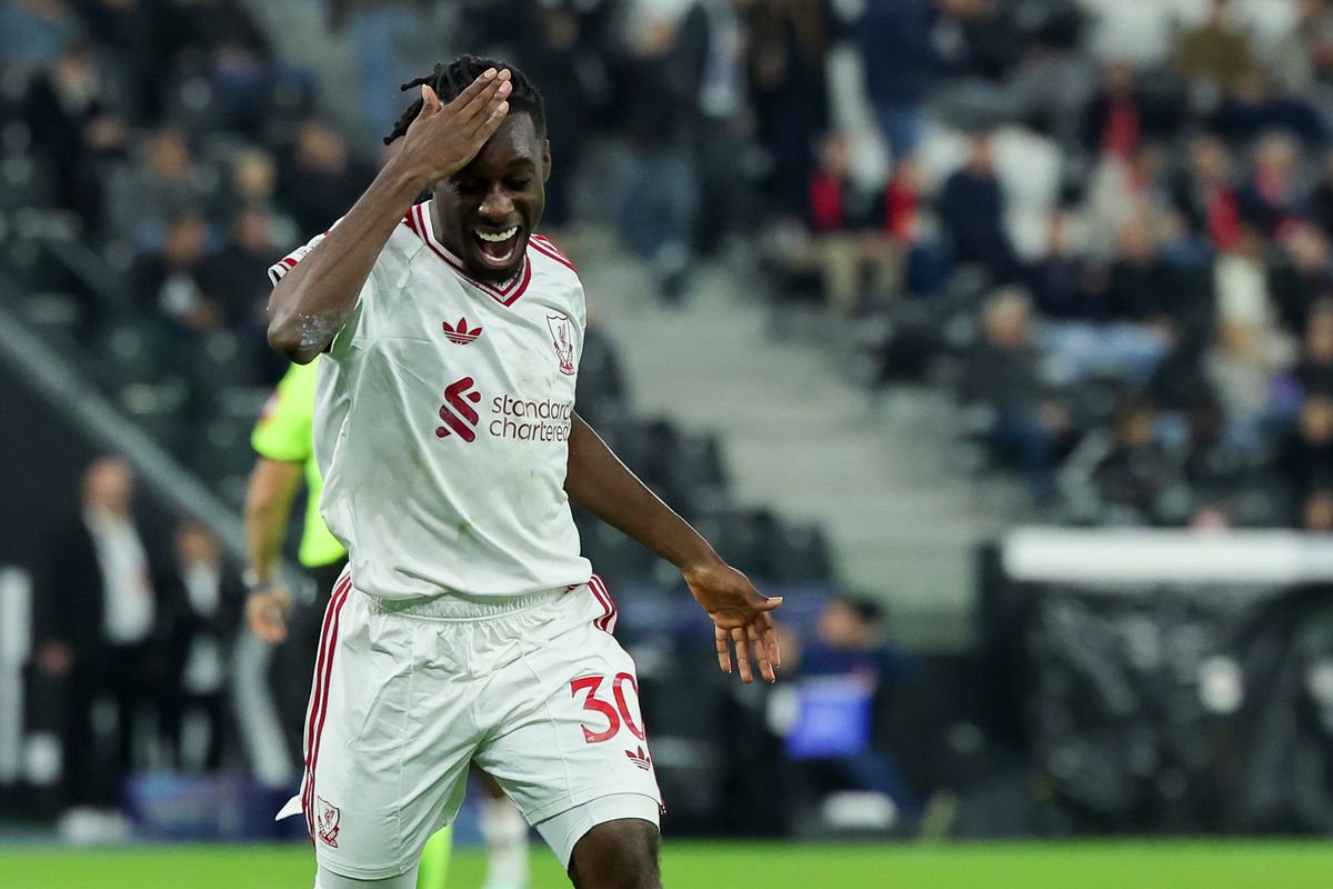 Jeremie Frimpong of Liverpool FC celebrates after scoring his team's fourth goal against LASK