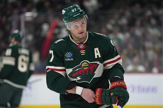 Minnesota Wild left wing Kirill Kaprizov (97) waits for play to resume during the first period of an NHL hockey game against the Columbus Blue Jackets, Sunday, Oct. 18, 2026, in St. Paul, Minn. (AP Photo/Abbie Parr)