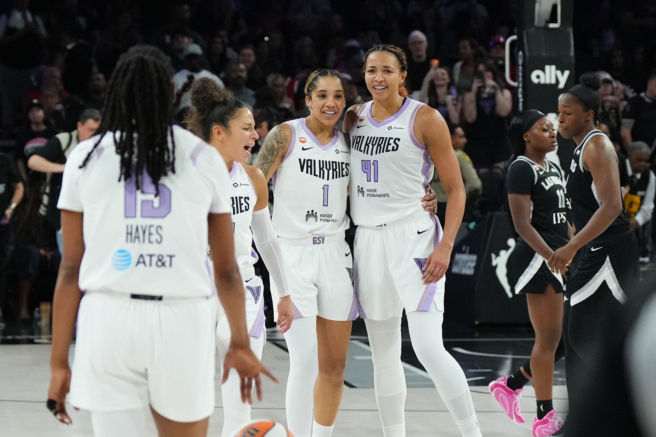 Oct 9, 2026; Las Vegas, Nevada, USA;  Golden State Valkyries forward Gabby Williams (1) and center Kiah Stokes (41) celebrate after defeating the Las Vegas Aces during game three of the second round for the 2026 WNBA Playoffs at Michelob Ultra Arena.  Mandatory Credit: Candice Ward-Imagn Images