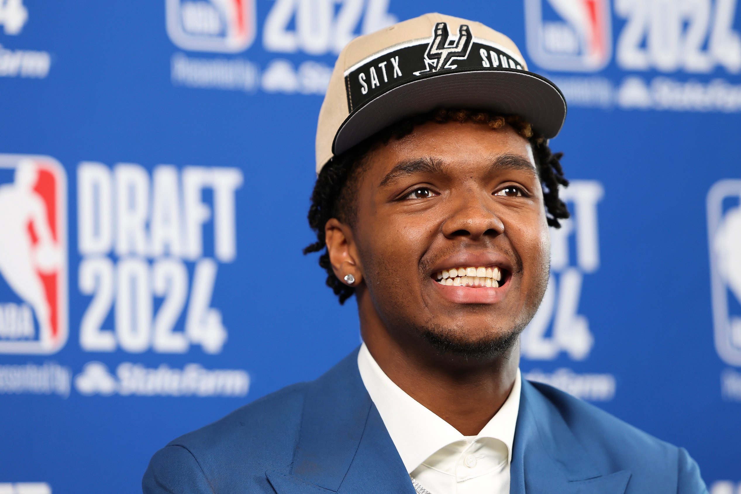 NEW YORK, NEW YORK - JUNE 27: Harrison Ingram speaks to the media after being selected by the San Antonio Spurs with the 48th pick during the second round of the 2024 NBA Draft at ESPN Seaport District Studios on June 27, 2024 in New York City. NOTE TO USER: User expressly acknowledges and agrees that, by downloading and or using this photograph, User is consenting to the terms and conditions of the Getty Images License Agreement. (Photo by Luke Hales/Getty Images)