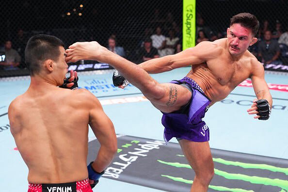 Jean-Paul Lebosnoyani kicks Seokhyeon Ko of South Korea in a welterweight fight during the UFC Fight Night event at Paycom Center on July 18, 2026 in Oklahoma City, Oklahoma.  (Photo by Jeff Bottari/Zuffa LLC)