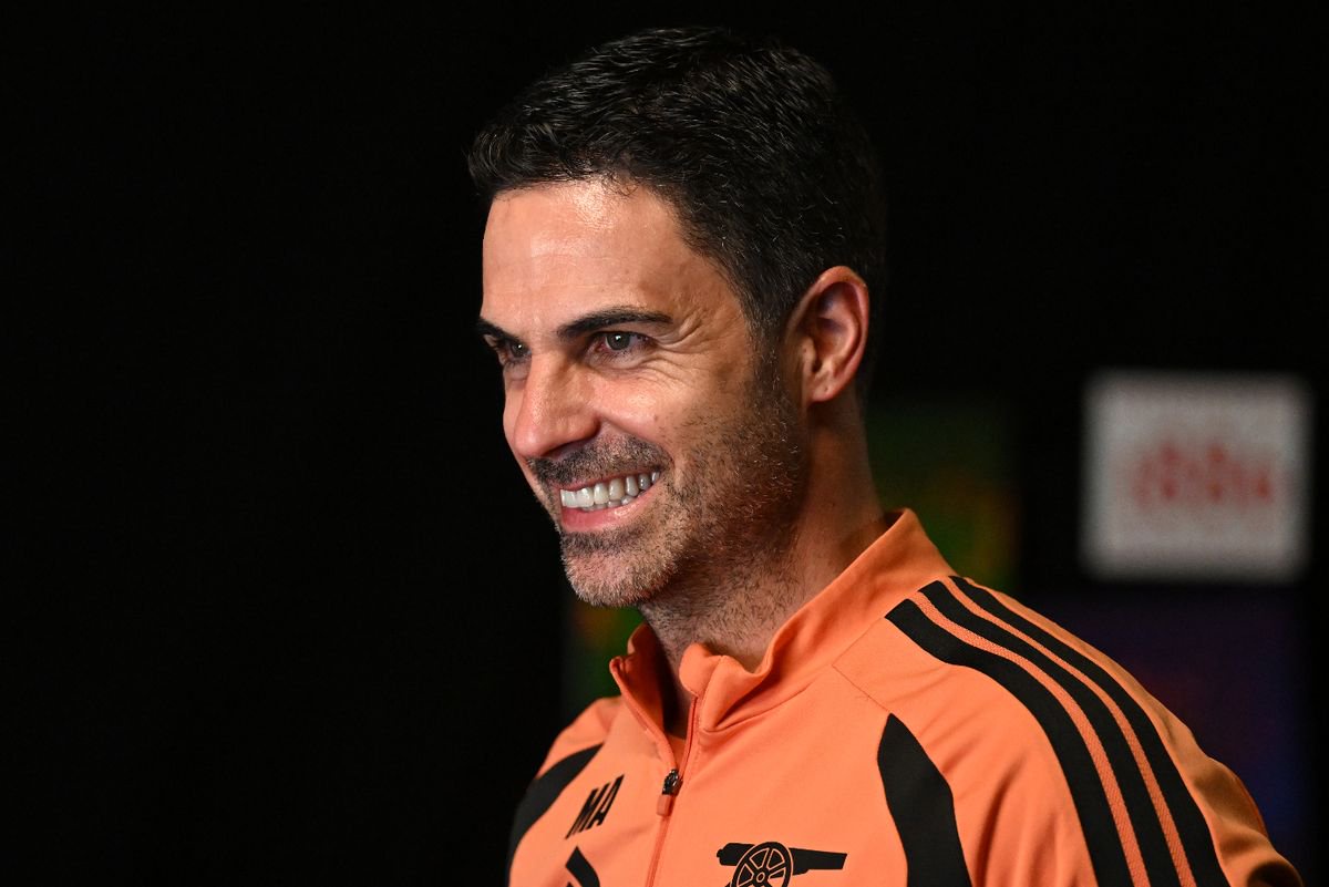 Manager Mikel Arteta watches video messages from supporters, ex and current players after signing a new contract  at Arsenal. Sobha Realty Training Centre on October 07, 2026 in London Colney, England.
