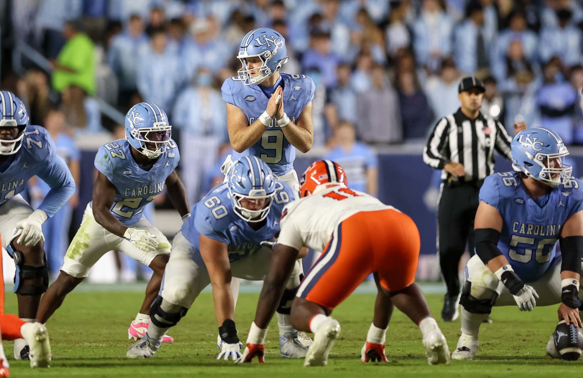Oct 24, 2026; Chapel Hill, North Carolina, USA;  North Carolina Tar Heels quarterback Billy Edwards Jr. (9) sets the play during the second quarter against Syracuse Orange at Kenan Stadium.  Mandatory Credit: Cory Knowlton-Imagn Images