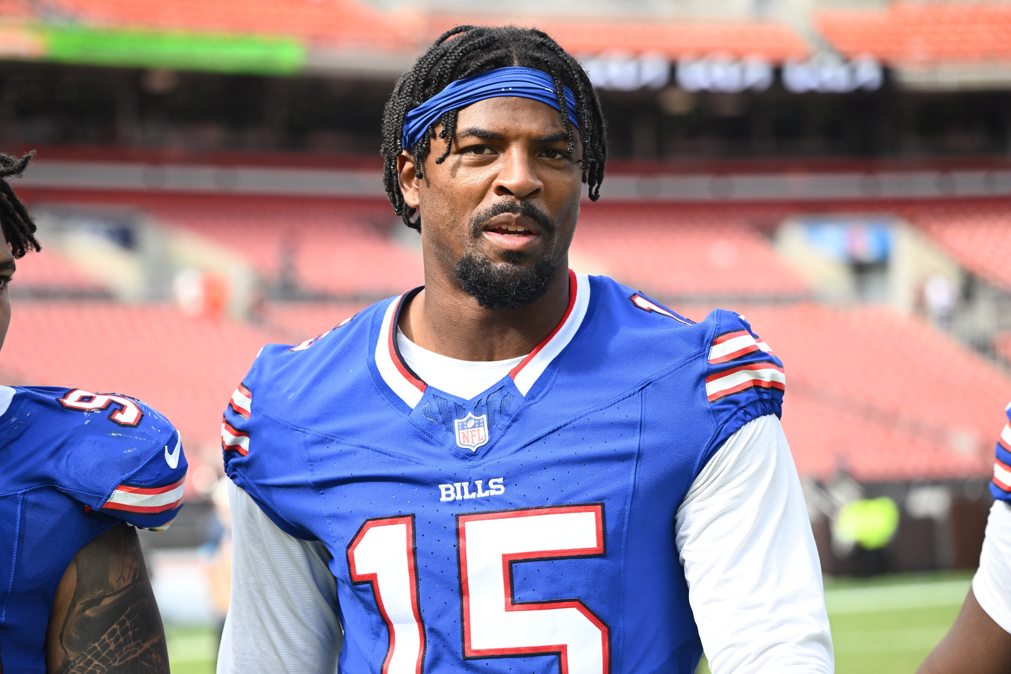 Aug 22, 2026; Cleveland, Ohio, USA; Buffalo Bills linebacker Greg Rousseau (15) during the second half at Huntington Bank Field. Mandatory Credit: Ken Blaze-Imagn Images