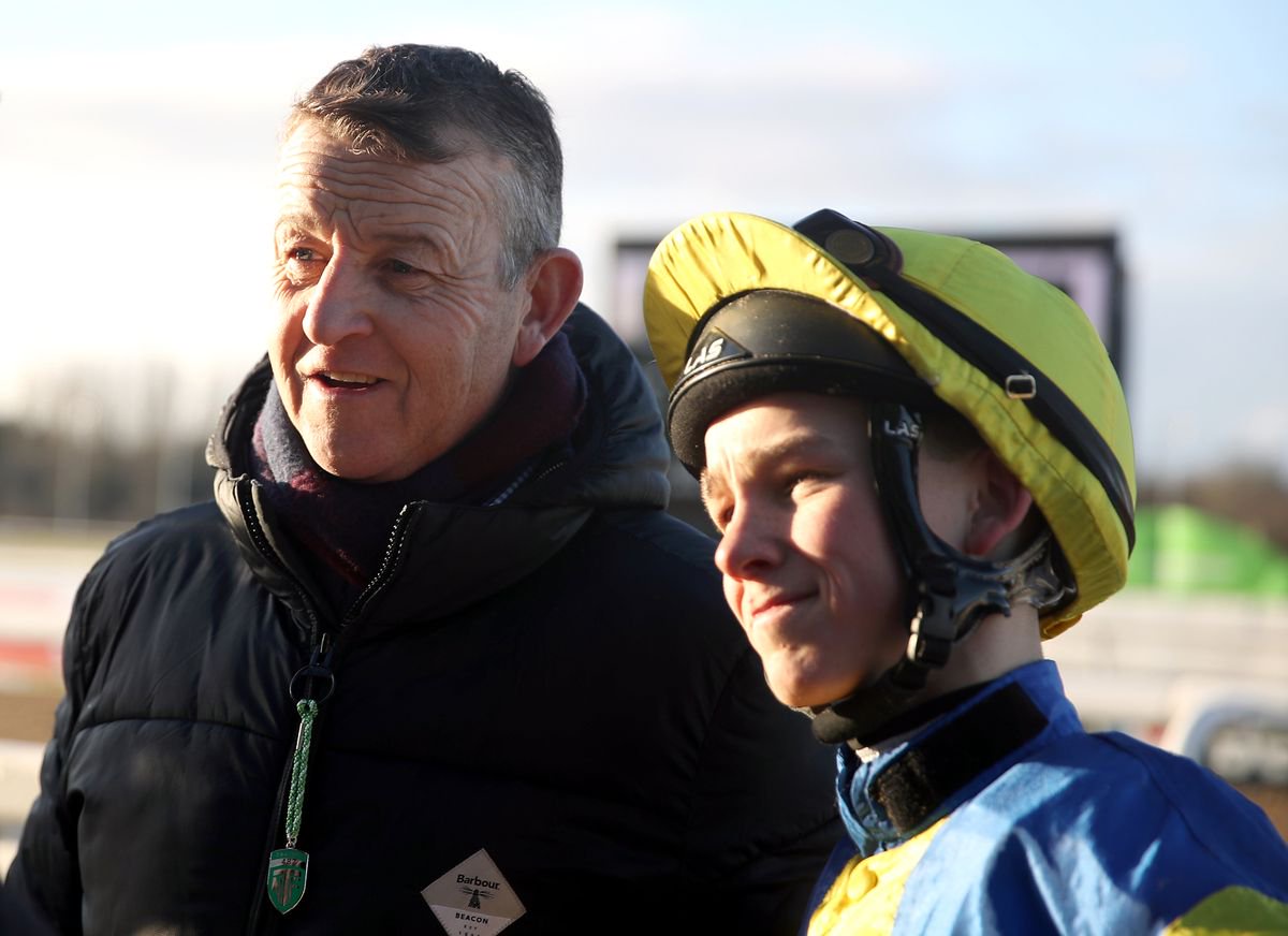 Jockey Billy Loughnane and his trainer Mark Loughnane at Wolverhampton Racecourse
