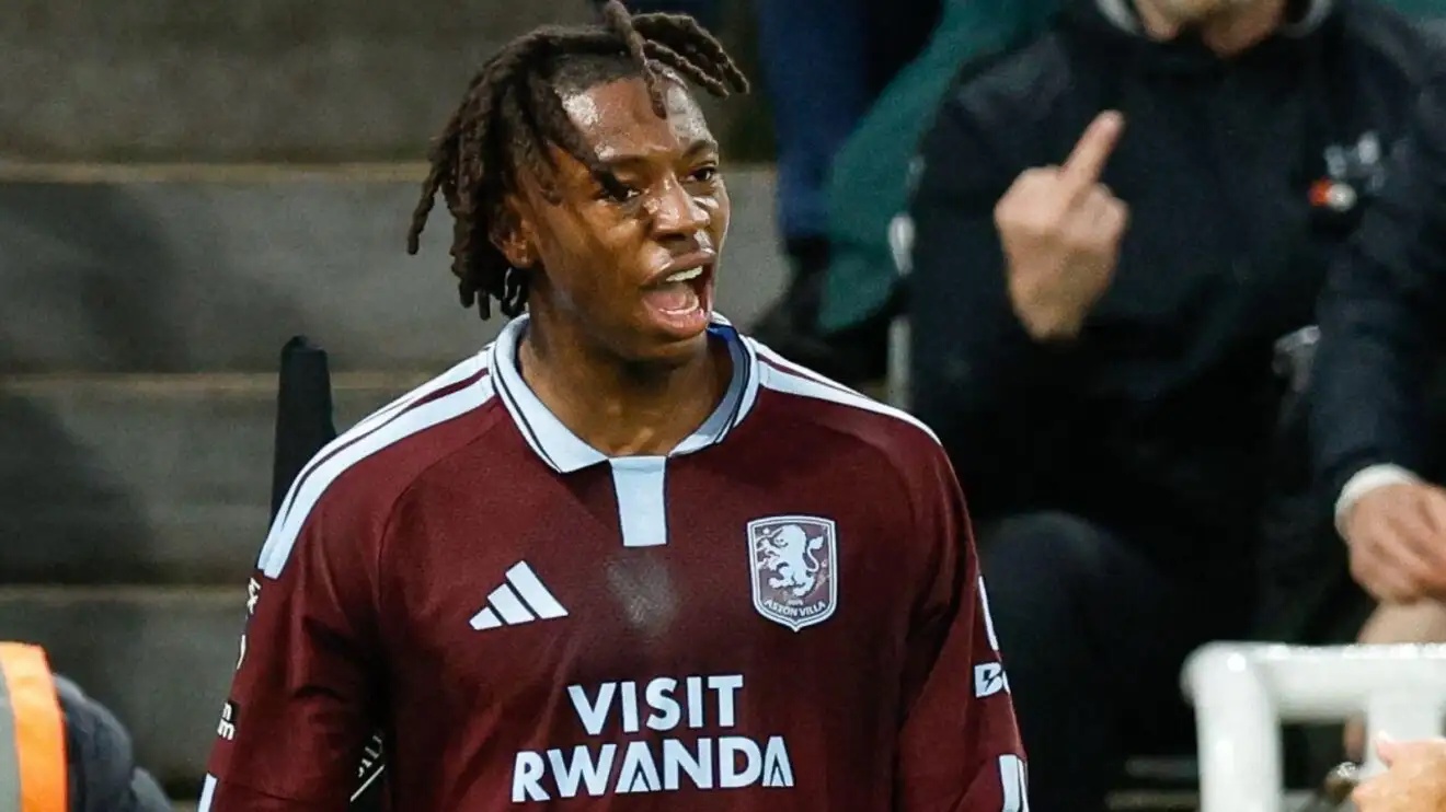 Aston Villa player Johan Manzambi celebrates against Newcastle
