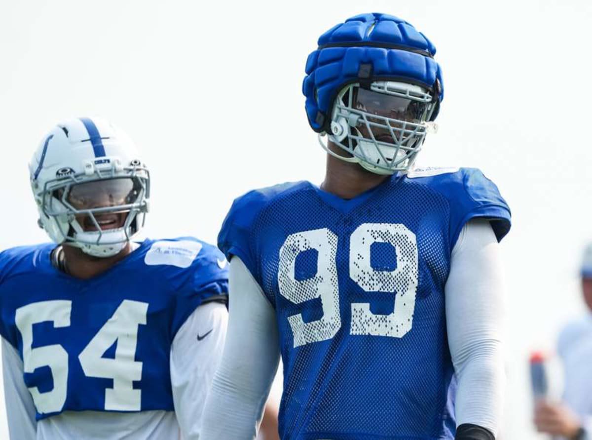 Indianapolis Colts defensive tackle DeForest Buckner (99) walks up the field on Sunday, Aug. 9, 2026, during Colts Camp practice at Gand Park in Westfield.
