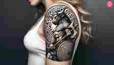 A Minotaur tattoo sleeve on the woman’s arm
