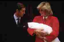 LONDON - SEPTEMBER 16:  Diana Princess of Wales and Prince Charles with new born Prince Harry, leave St.Mary's Hospital on September 16, 1984 in Paddington, London. Diana wore an outfit designed by Jan Van Velden. (Photo by David Levenson/Getty Images)