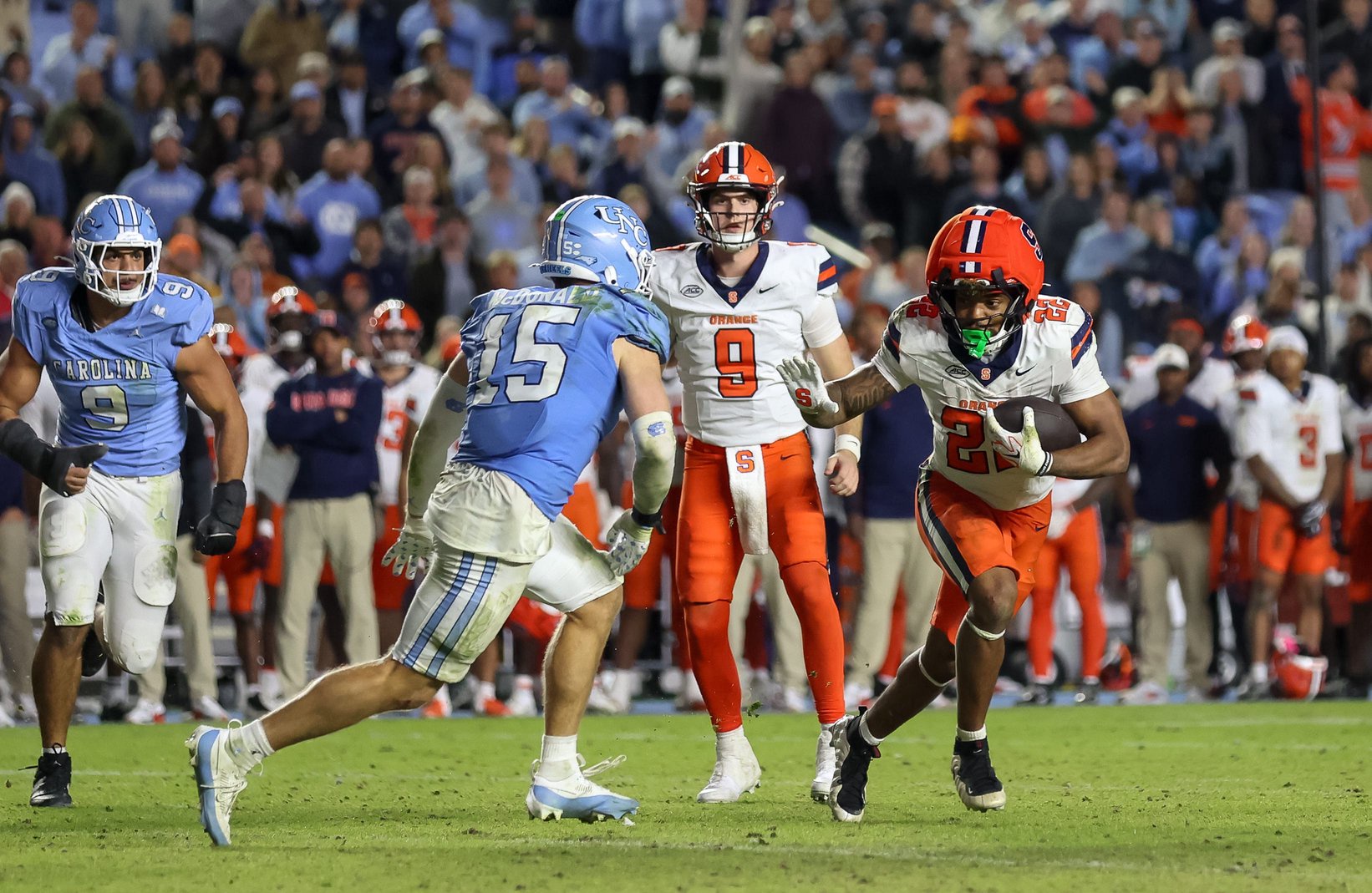 Oct 24, 2026; Chapel Hill, North Carolina, USA;  Syracuse Orange running back Ahmad Miller (22) carries the ball during overtime against North Carolina Tar Heels at Kenan Stadium.  Mandatory Credit: Cory Knowlton-Imagn Images