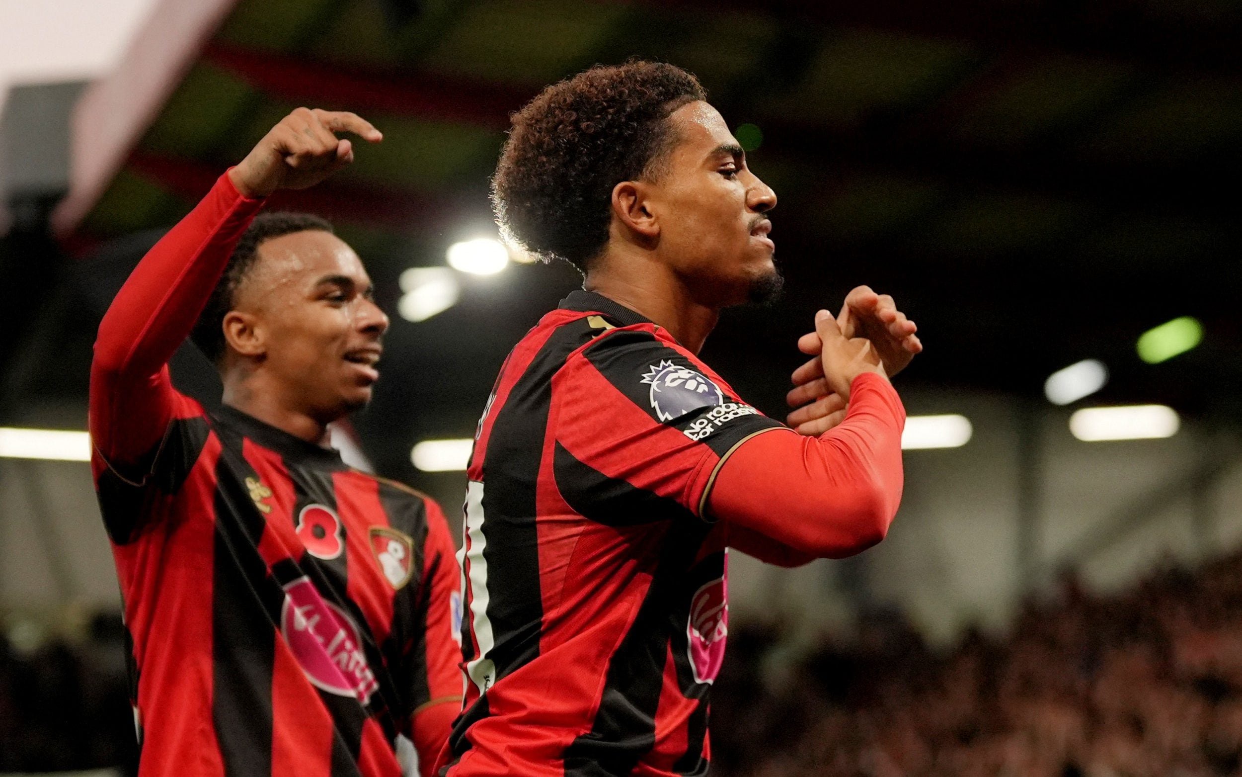 Soccer Football - Premier League - AFC Bournemouth v Leeds United - Vitality Stadium, Bournemouth, Britain - October 31, 2026 AFC Bournemouth's Amine Adli celebrates scoring their second goal with Junior Kroupi.