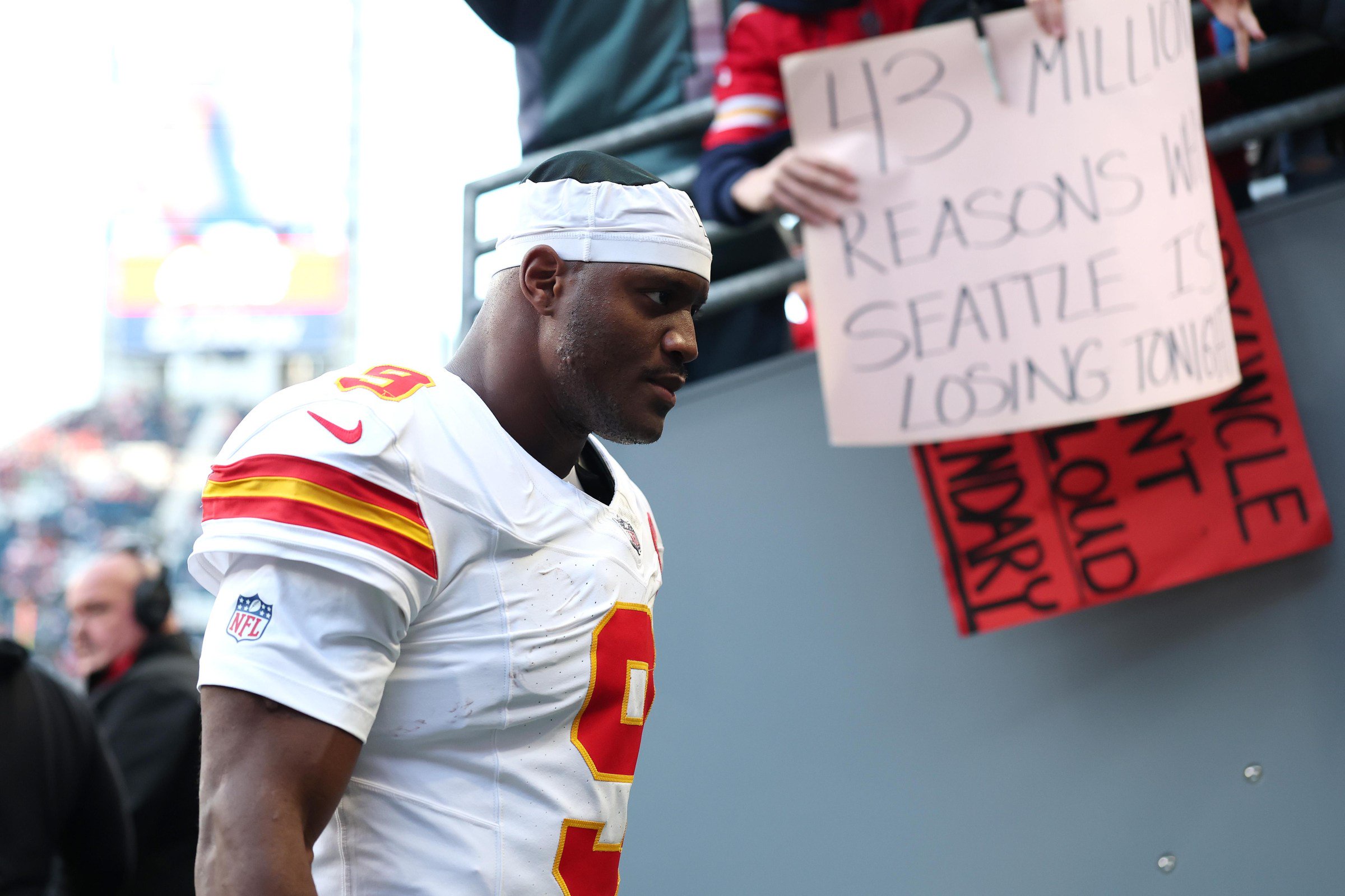 SEATTLE, WASHINGTON - OCTOBER 25: Kenneth Walker III #9 of the Kansas City Chiefs heads to the locker room before a game against the Seattle Seahawks at Lumen Field on October 25, 2026 in Seattle, Washington. (Photo by Steph Chambers/Getty Images)