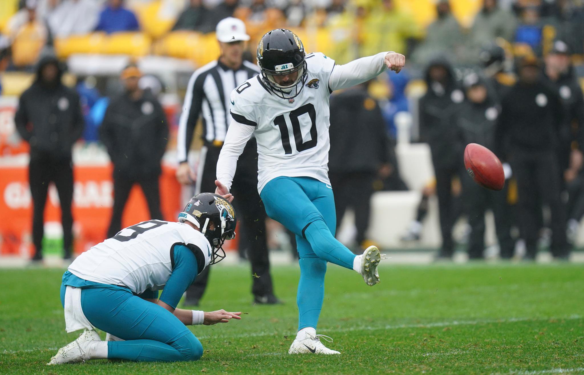 Brandon McManus in action for the Jaguars in October 2023.