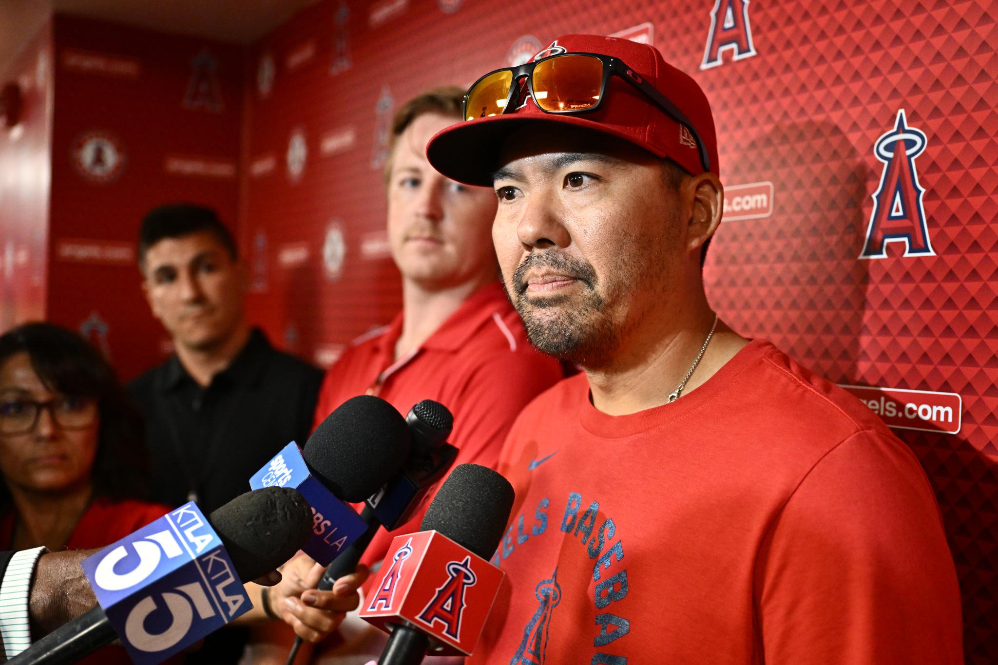 Los Angeles Angels manager Kurt Suzuki speaks during a news conference after an announcement that the team would be sold, Tuesday, Sept. 1, 2026, in Anaheim, Calif.