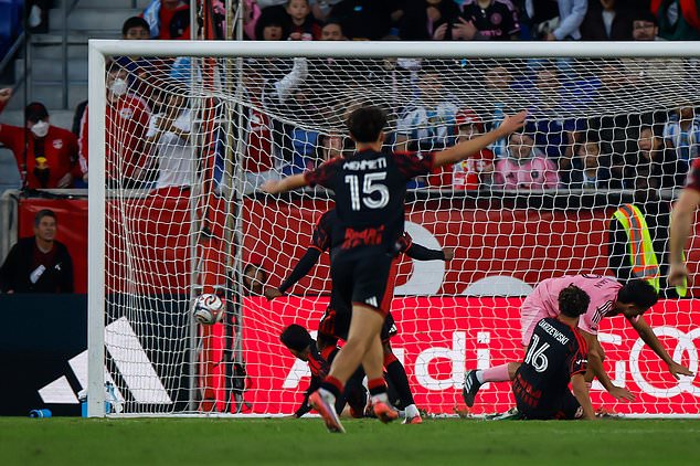New York Red Bulls players celebrate after Inter Miami scored an own goal during the first half of an MLS soccer match, Saturday, Oct. 24, 2026, in Harrison, N.J. (AP Photo/Eduardo Munoz Alvarez)