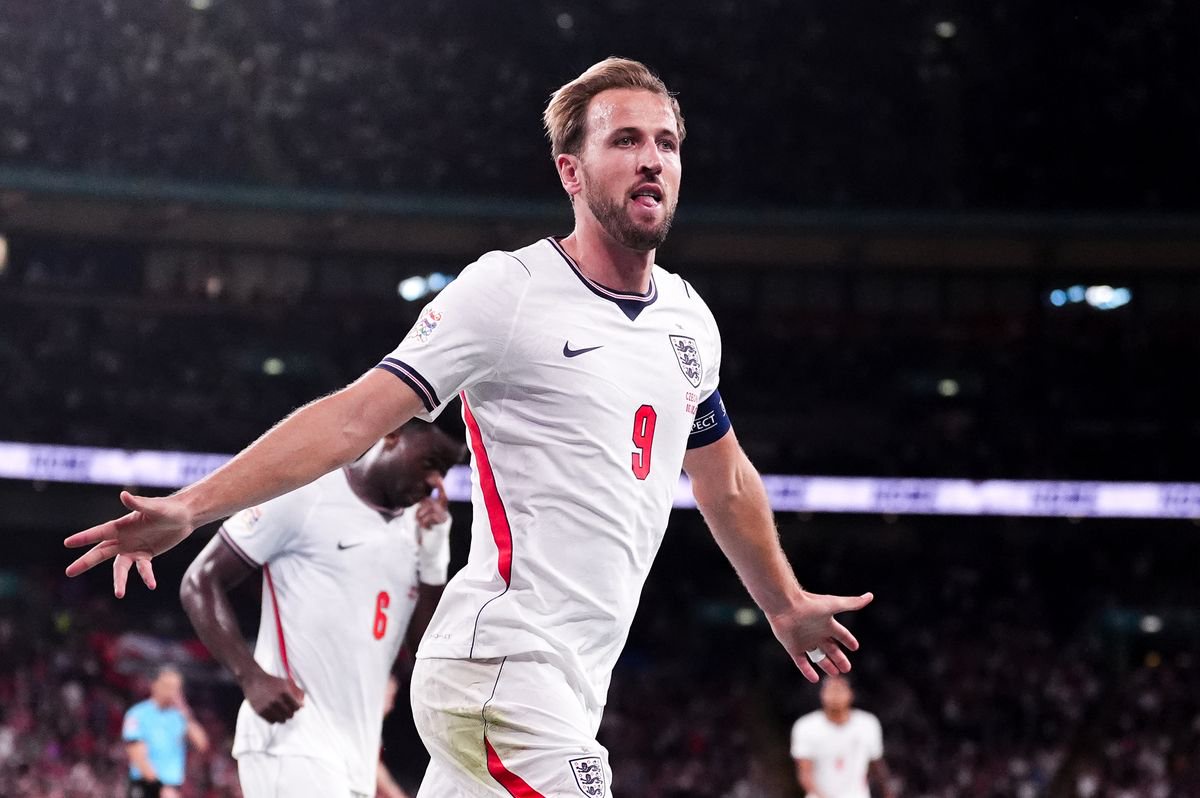 England's Harry Kane celebrates scoring his sides third goal during the UEFA Nations League match at Wembley Stadium, London.