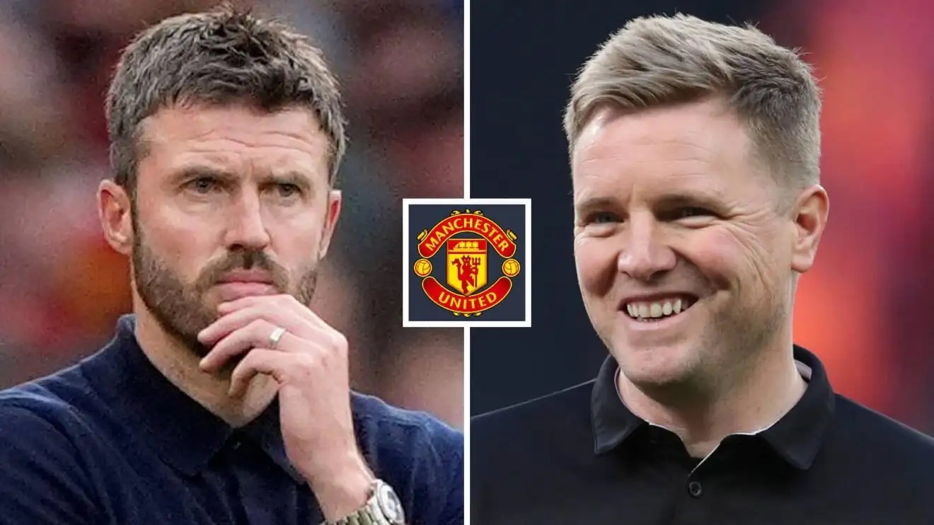 Split image of Manchester United manager Michael Carrick and former Newcastle United boss Eddie Howe, with the Manchester United badge in between - copyright TEAMtalk