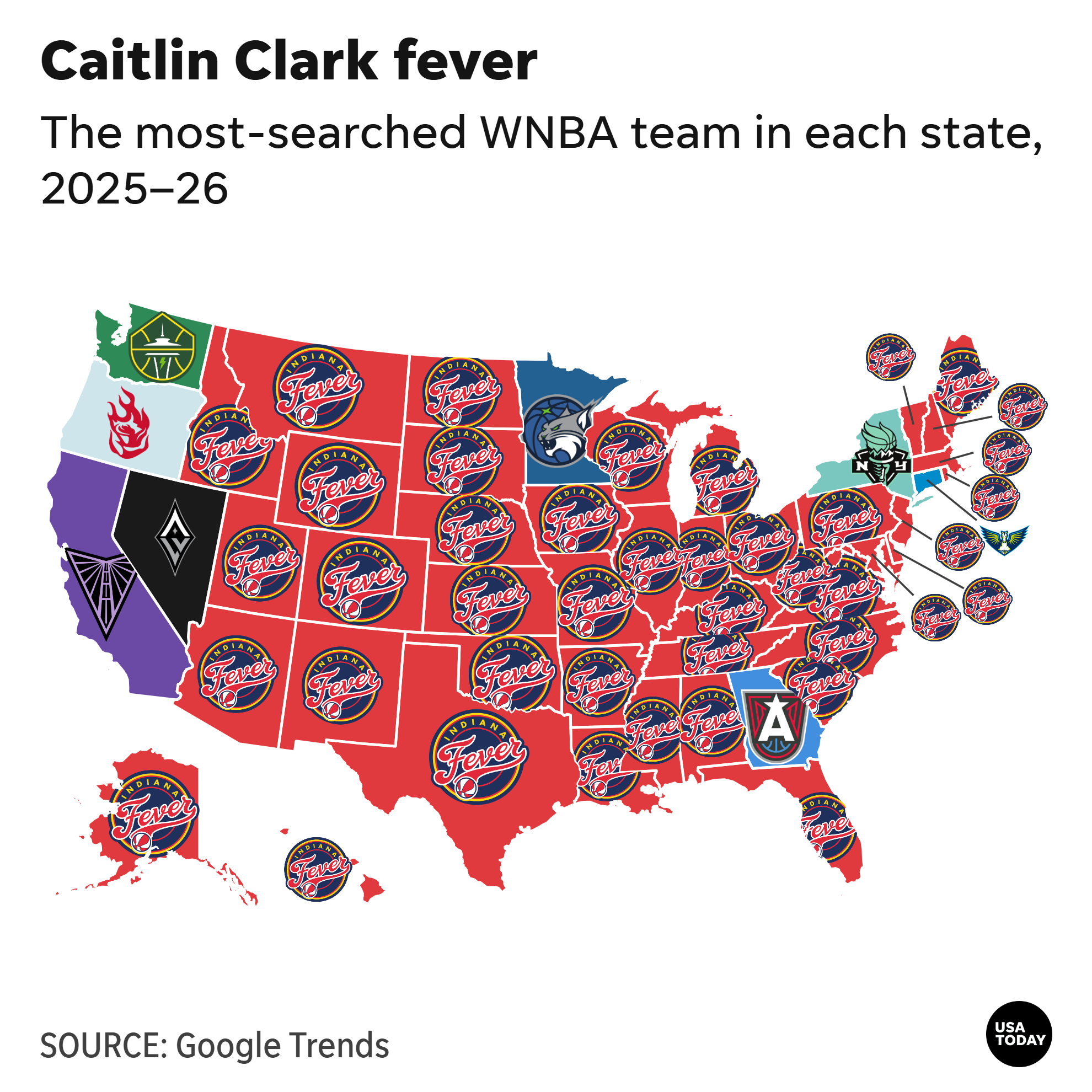 The most-searched WNBA team in each state, 2025–26