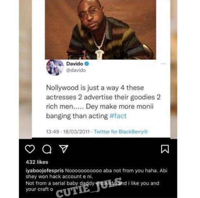 Iyabo Ojo calls out Davido over his old tweet about Nollywood actress