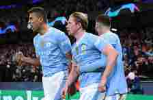 Kevin De Bruyne of Manchester City celebrates with Rodri after scoring their first goal during the UEFA Champions League quarter-final second leg m...