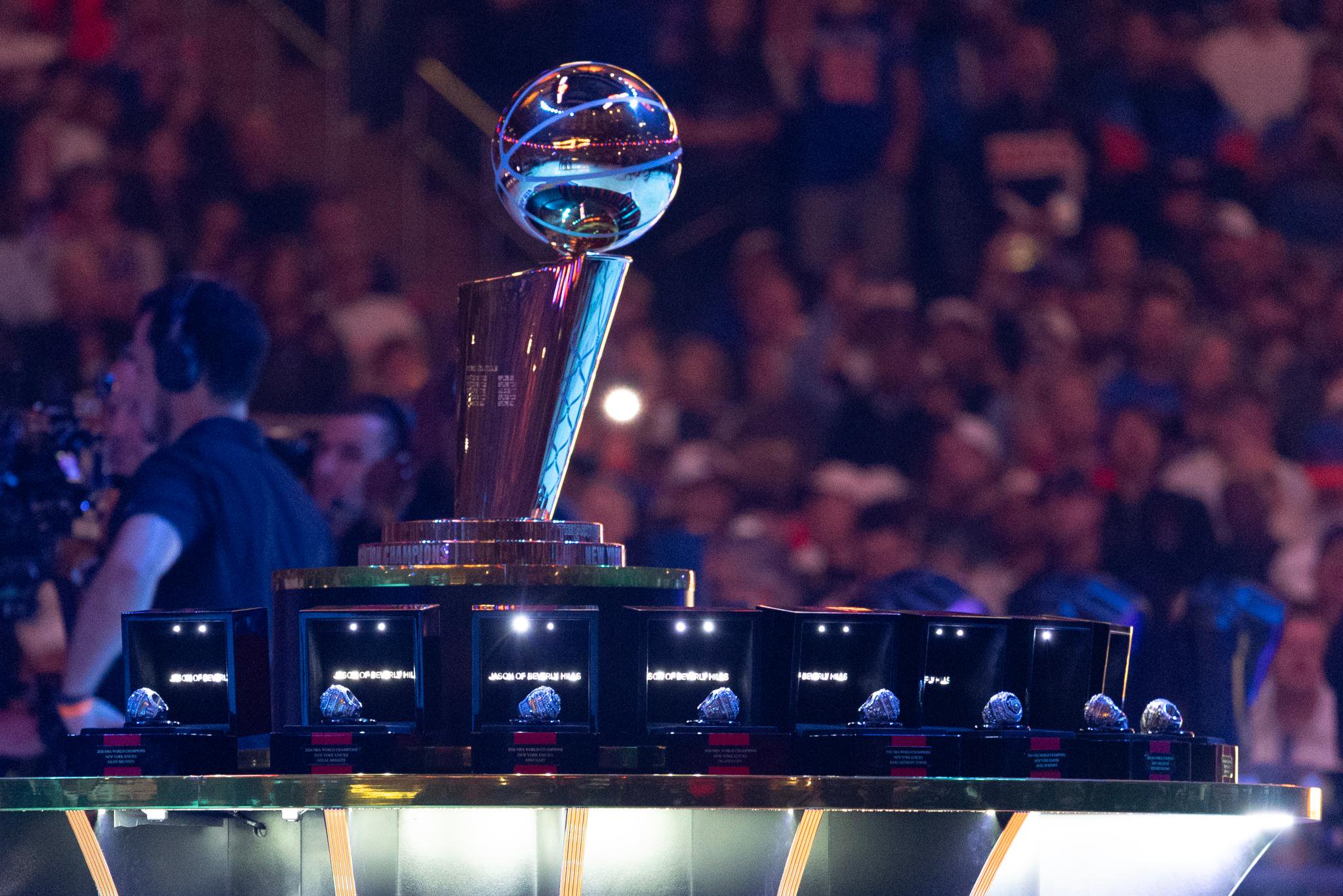 The NBA Championship Trophy and the Knicks Championship rings displayed on the court before the ring ceremony.