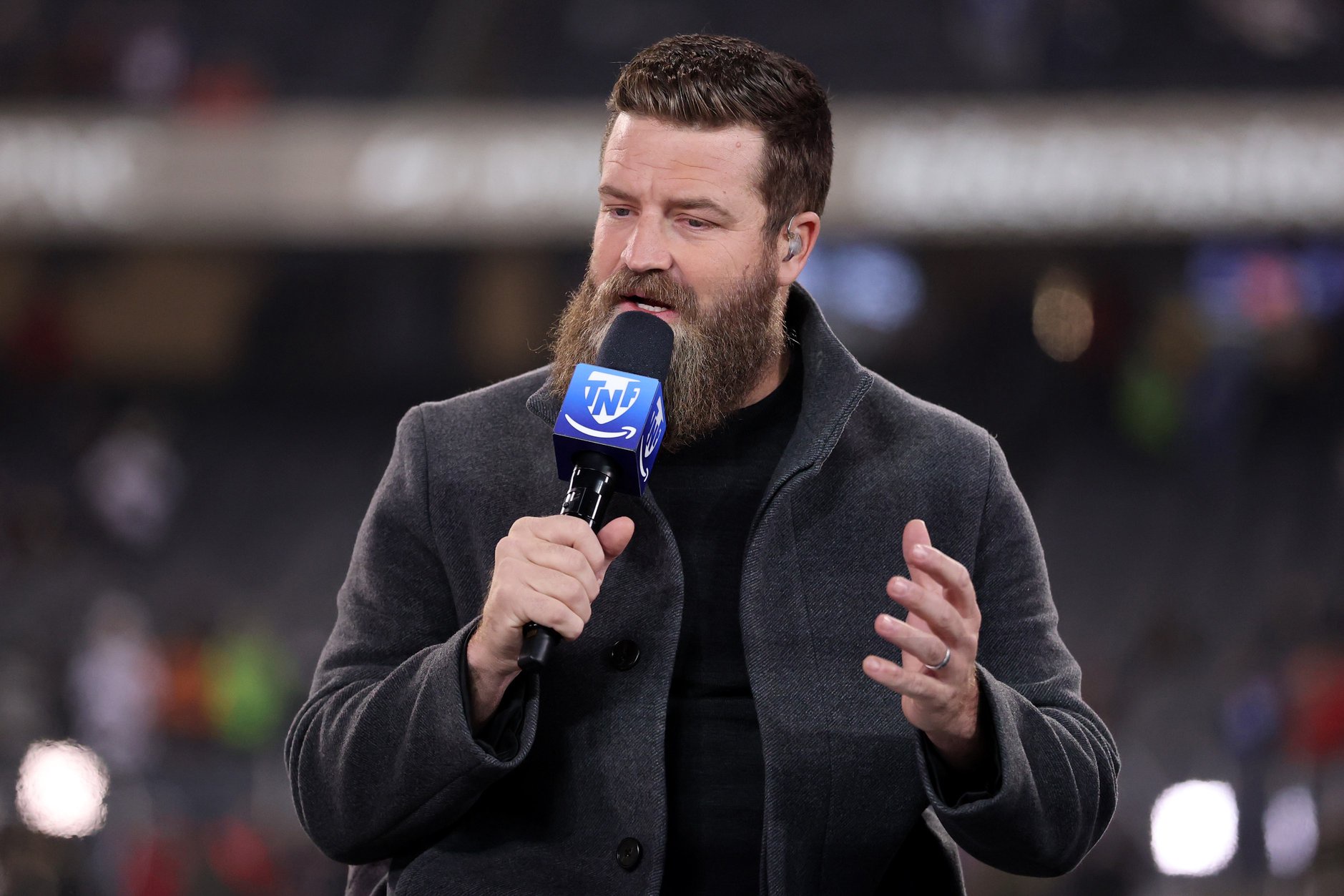Ryan Fitzpatrick speaks on the set of the TNF on Prime pregame show prior to the game between the Seattle Seahawks and the Chicago Bears at Soldier Field on December 26, 2024 in Chicago, Illinois.