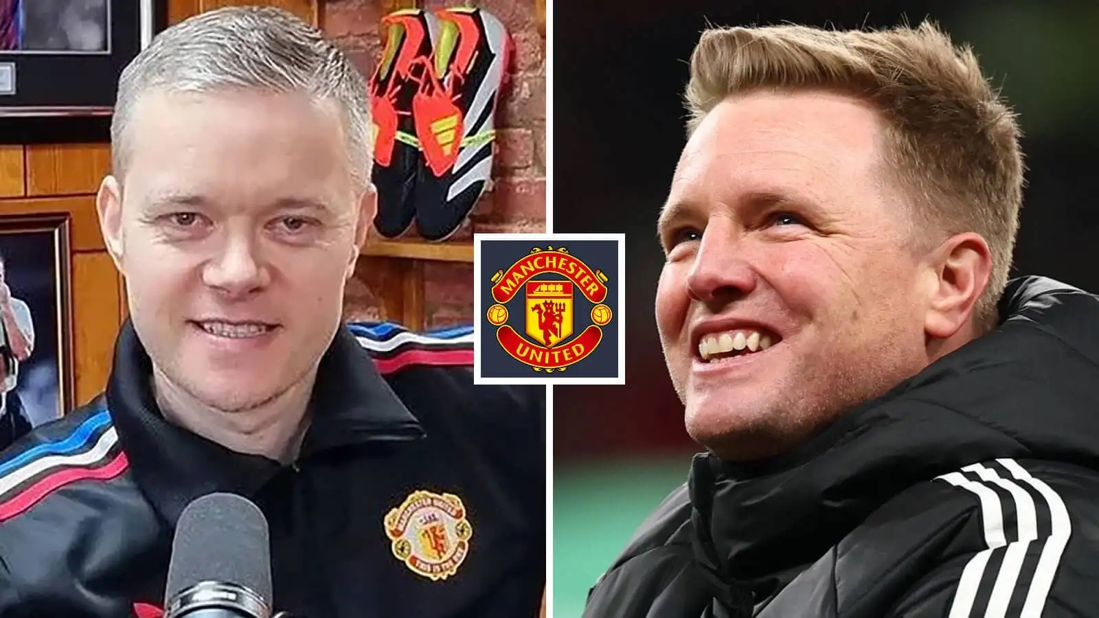 Split image of Manchester United fan Mark Goldbridge and Eddie Howe, with the Manchester United badge in between - copyright TEAMtalk