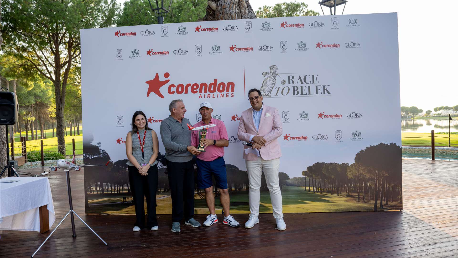 From L to R: Cansu Beseoglu Senior Corporate Communications and marketing specialist for Corendon Airlines, David Clare, Director of Golf for Gloria Hotels & Resorts, Race to Belek winner Ian Panting, Deniz Gürlersan, General Manager of Kaden Golf