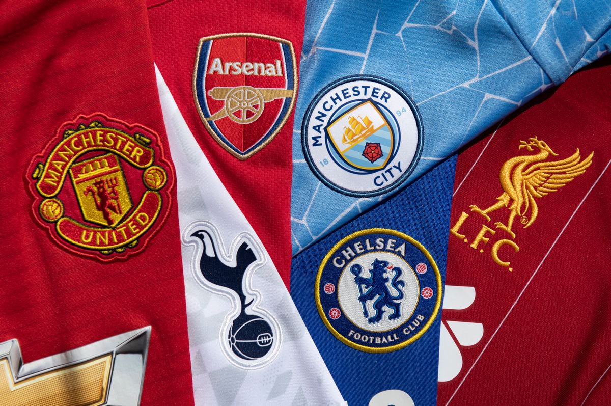 MANCHESTER, ENGLAND - APRIL 22: The club badges on the home shirts of the so-called top six in English football, Arsenal, Chelsea, Liverpool, Manchester United, Manchester City and Tottenham Hotspur. All were involved in the setting up of the European Super League on April 22, 2021 in Manchester, United Kingdom. (Photo by Visionhaus/Getty Images)