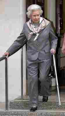Queen Elizabeth sported a tailored grey two-piece while leaving King Edward VII's Hospital following knee surgery in 2003