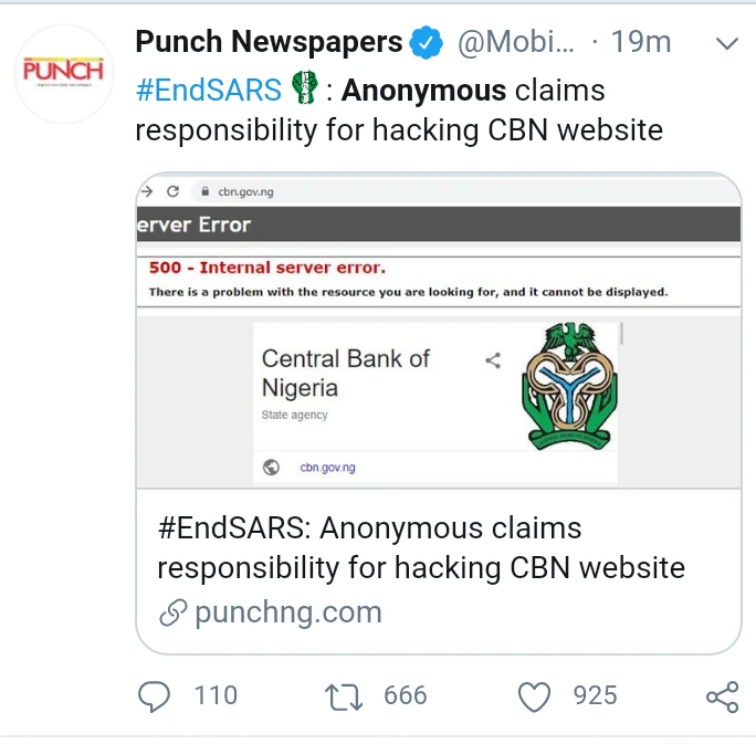  'Our Robin Hood'- Reactions As Anonymous Hacks CBN website And Threatens EFCC