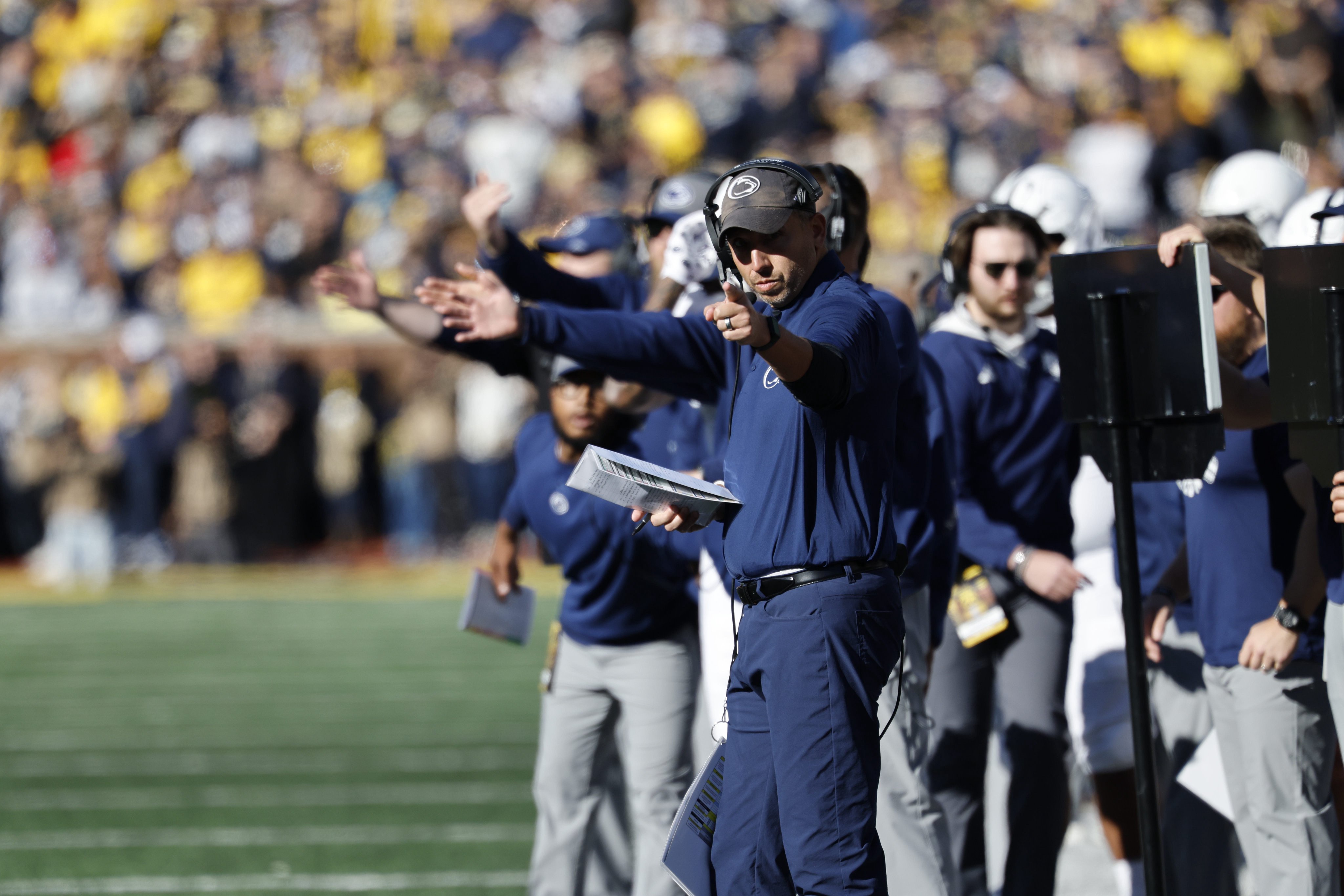 Oct 17, 2026; Ann Arbor, Michigan, USA;  Penn State Nittany Lions head coach Matt Campbell coaches in the first quarter against the Michigan Wolverines at Michigan Stadium.  Mandatory Credit: Rick Osentoski-Imagn Images