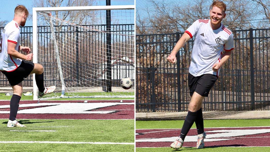 split image of Sam shooting a penalty and running on the pitch