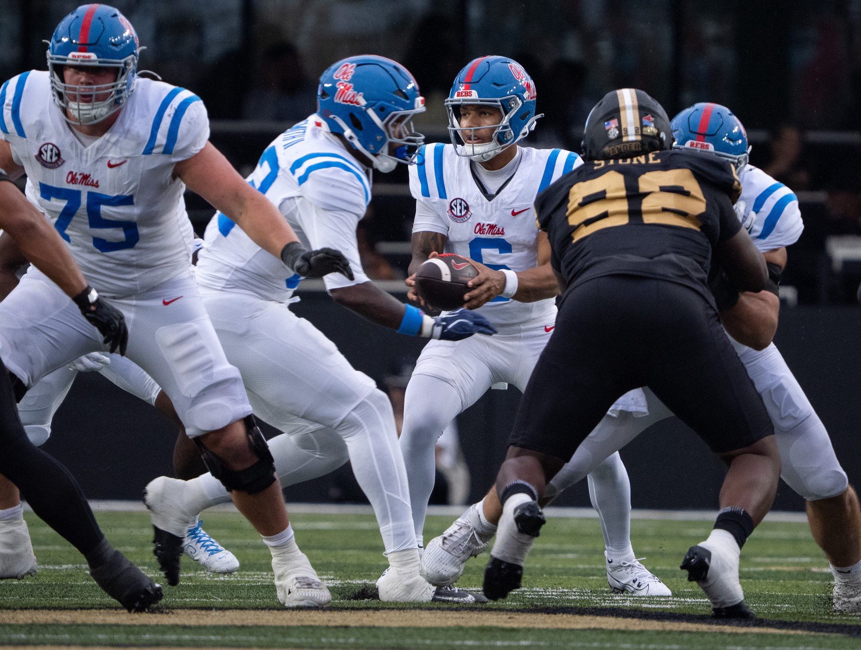 Mississippi Rebels quarterback Trinidad Chambliss (6) looks to pass during the game between Vanderbilt and Ole Miss at FirstBank Stadium in Nashville  on Saturday, October. 10, 2026.