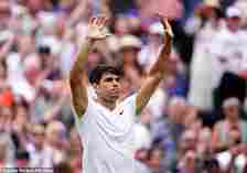 Carlos Alcaraz celebrates beating Mark Lajal at the Wimbledon Championships this afternoon