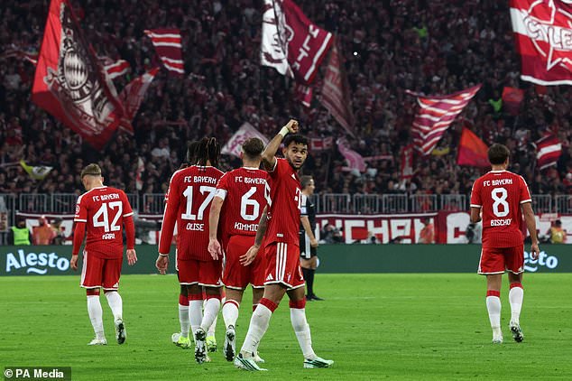 Bayern´s Luis Díaz celebrates after scoring his side´s sixth goal of the game during the Bundesliga soccer match between Bayern Munich and Leipzig, in Munich (AP)