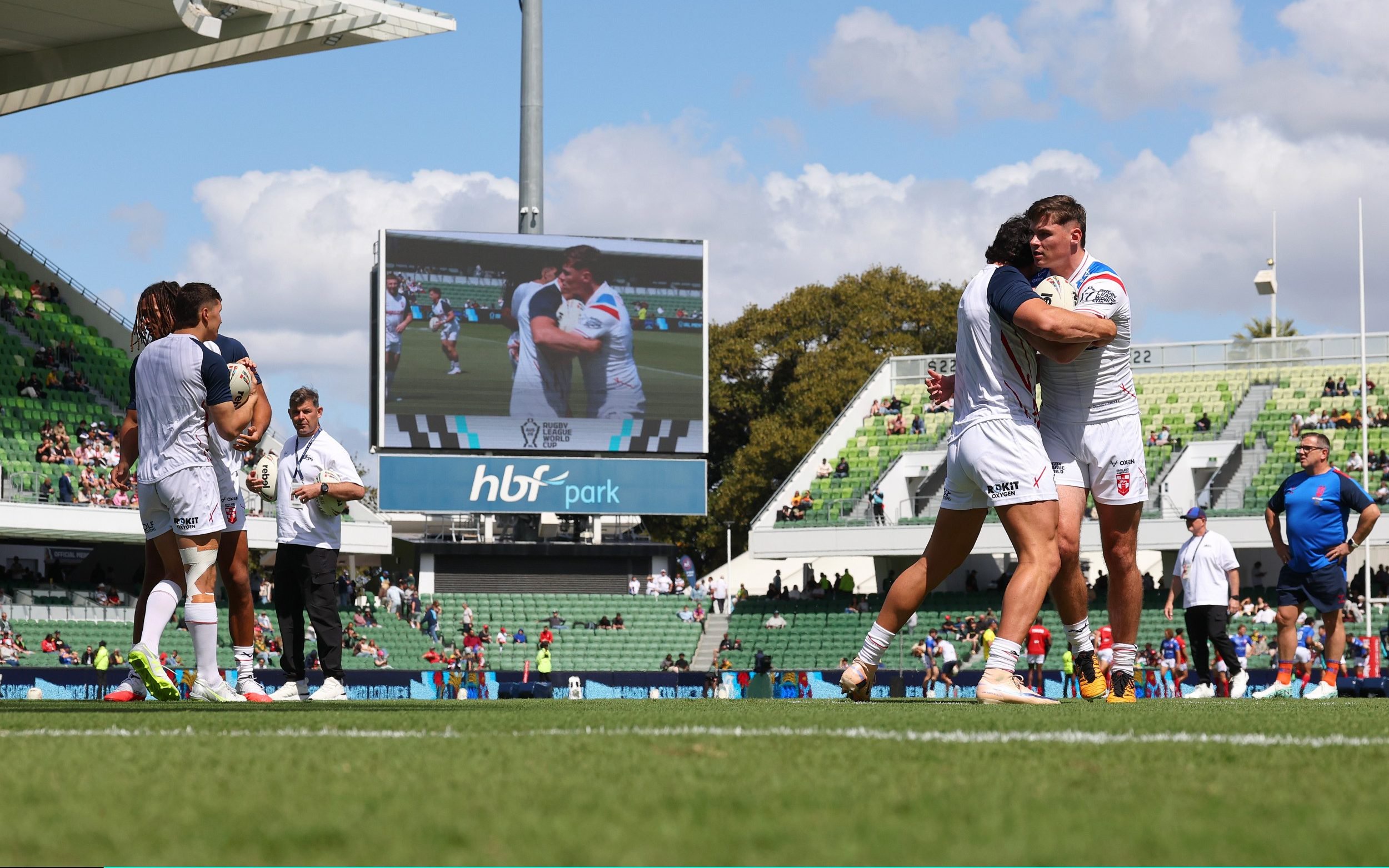 PERTH, AUSTRALIA - OCTOBER 24: England players warm up before the 2026 Men's Rugby League World Cup match between England and France at HBF Stadium on October 24, 2026 in Perth, Australia.