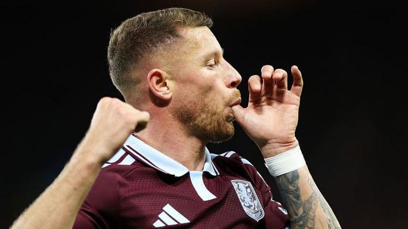 Ross Barkley celebrates after heading Aston Villa in front against Viking in the Champions League at Villa Park.