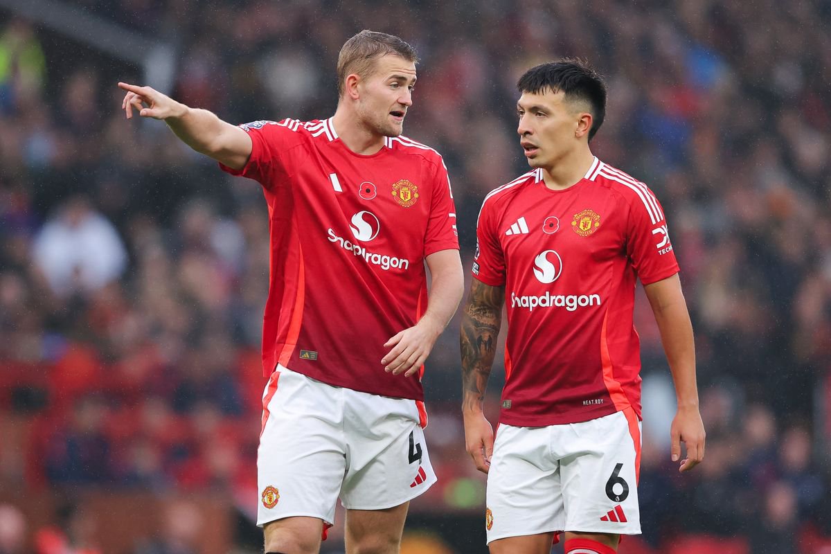 Matthijs de Ligt and Lisandro Martinez of Manchester United during the Premier League match between Manchester United FC and Leicester City FC