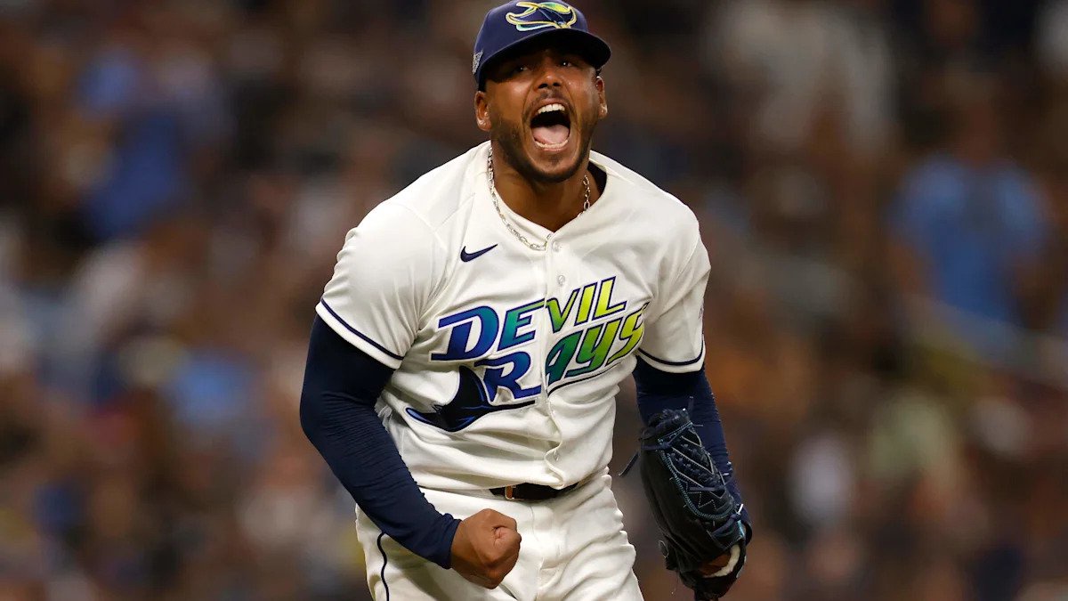 ST PETERSBURG, FLORIDA - OCTOBER 13: Freddy Peralta #51 of the Tampa Bay Rays celebrates after striking out Petey Halpin #0 of the Cleveland Guardians during the sixth inning in game two of the American League Championship Series at Tropicana Field on October 13, 2026 in St Petersburg, Florida. (Photo by Mike Stobe/Getty Images)