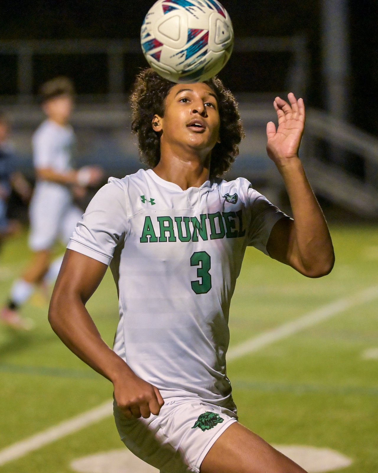 Arundel Wildcats Jai Killebrew #3 gets the ball during the first half. The visiting Arundel Wildcats defeat the South River Seahawks, 2-1, in overtime in an MPSSAA Class 3A East II quarterfinal boys soccer game Wednesday evening. (Paul W. Gillespie/Staff)