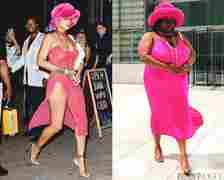 Collage showing two images of Rihanna and Teen Vogue associate editor Aiyana Ishmael wearing a similar pink outfit.